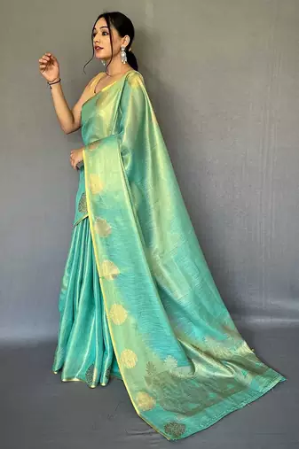 teal teal & gold-toned ethnic motifs woven design zari saree