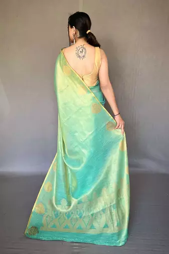 teal teal & gold-toned ethnic motifs woven design zari saree