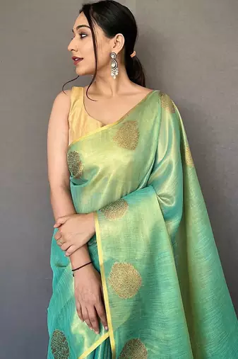 teal teal & gold-toned ethnic motifs woven design zari saree