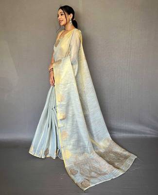 grey grey & gold-toned woven design zari tissue saree 2
