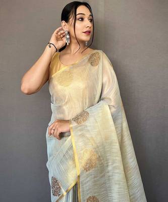 grey grey & gold-toned woven design zari tissue saree 4