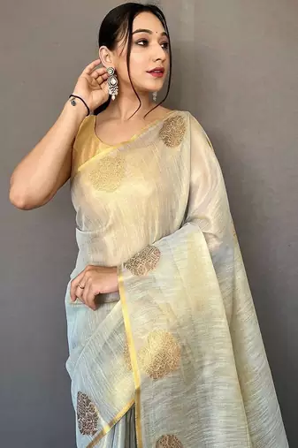 grey grey & gold-toned woven design zari tissue saree