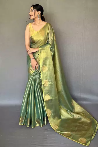 green green & gold-toned woven design zari tissue saree