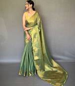 green green & gold-toned woven design zari tissue saree