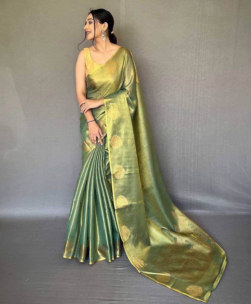 green green & gold-toned woven design zari tissue saree