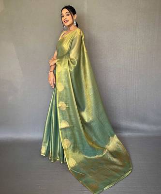 green green & gold-toned woven design zari tissue saree 2