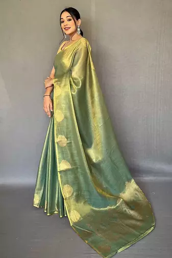 green green & gold-toned woven design zari tissue saree