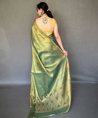 green green & gold-toned woven design zari tissue saree 3