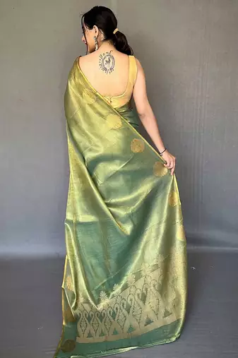 green green & gold-toned woven design zari tissue saree