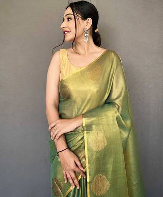 green green & gold-toned woven design zari tissue saree 4