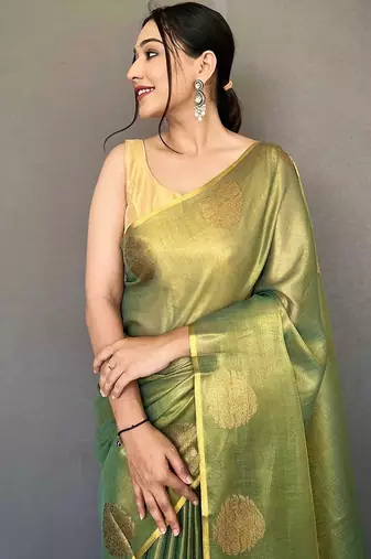 green green & gold-toned woven design zari tissue saree