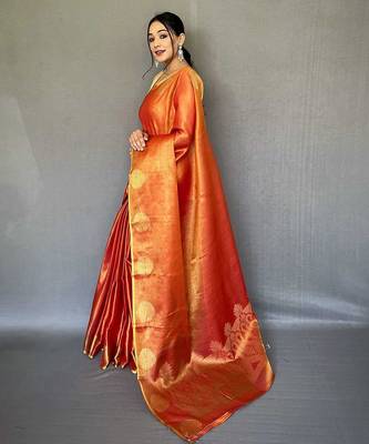 red red & gold-toned woven design zari tissue saree 1