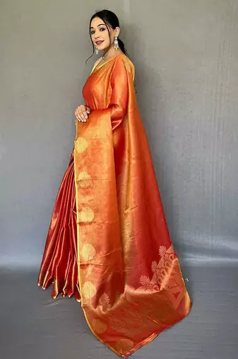 red red & gold-toned woven design zari tissue saree