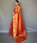 red red & gold-toned woven design zari tissue saree