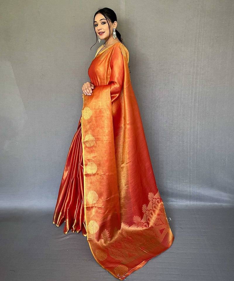 red red & gold-toned woven design zari tissue saree
