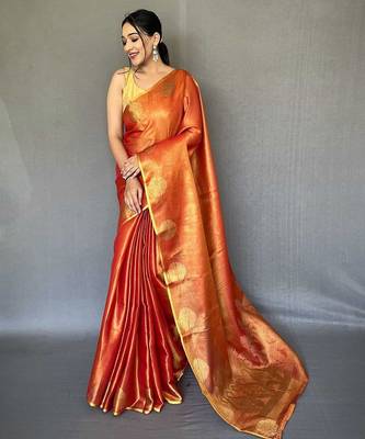 red red & gold-toned woven design zari tissue saree 2