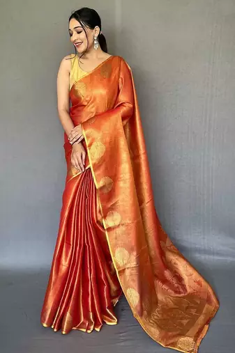 red red & gold-toned woven design zari tissue saree