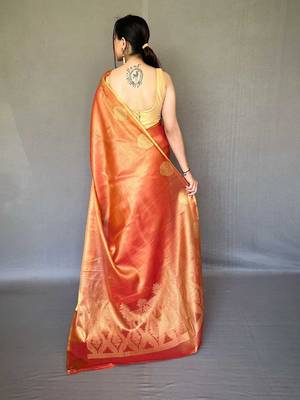 red red & gold-toned woven design zari tissue saree 3