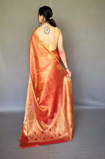 red red & gold-toned woven design zari tissue saree