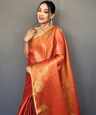 red red & gold-toned woven design zari tissue saree 4
