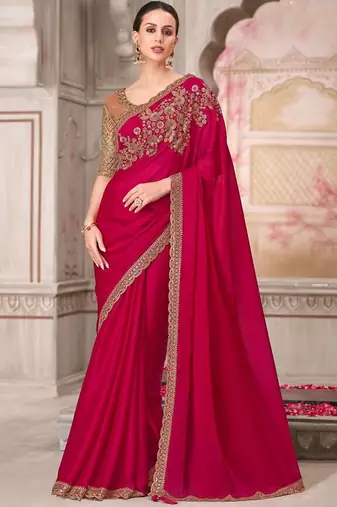 pink embellished sequinned satin saree