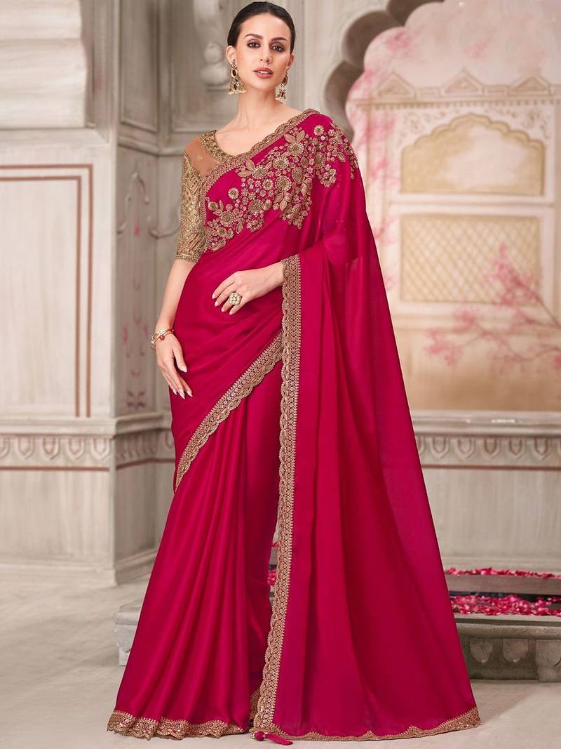pink embellished sequinned satin saree