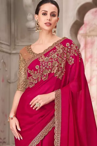 pink embellished sequinned satin saree
