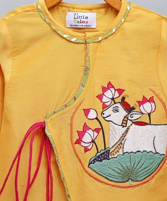 Mustard yellow embroidered cotton silk angrakha Men Kurta Set 2