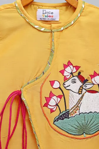 Mustard yellow embroidered cotton silk angrakha Men Kurta Set