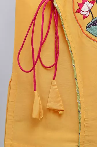 Mustard yellow embroidered cotton silk angrakha Men Kurta Set