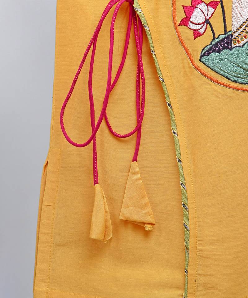 Mustard yellow embroidered cotton silk angrakha Men Kurta Set