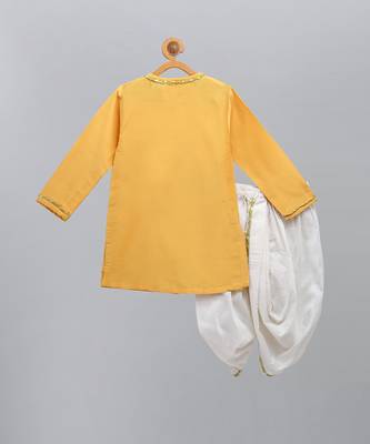 Mustard yellow embroidered cotton silk angrakha Men Kurta Set 5