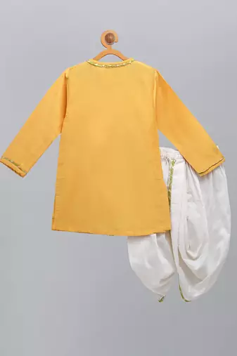 Mustard yellow embroidered cotton silk angrakha Men Kurta Set