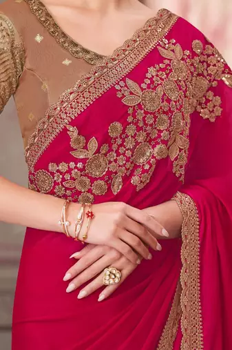 pink embellished sequinned satin saree