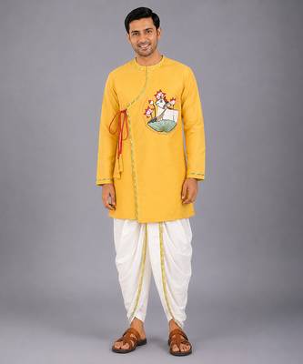 Mustard yellow embroidered cotton silk angrakha Men Kurta Set 6