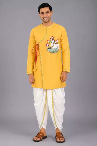 Mustard yellow embroidered cotton silk angrakha Men Kurta Set