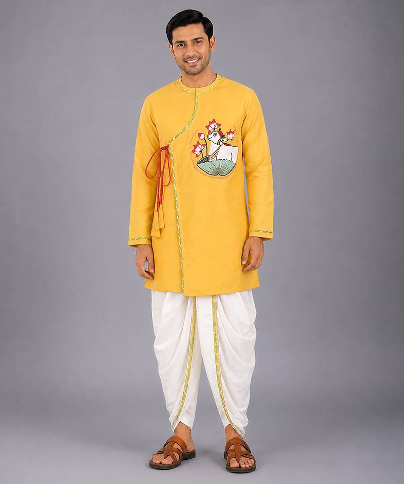 Mustard yellow embroidered cotton silk angrakha Men Kurta Set
