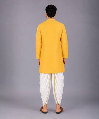 Mustard yellow embroidered cotton silk angrakha Men Kurta Set 7