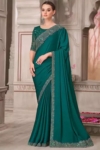 green sequinned solid satin saree
