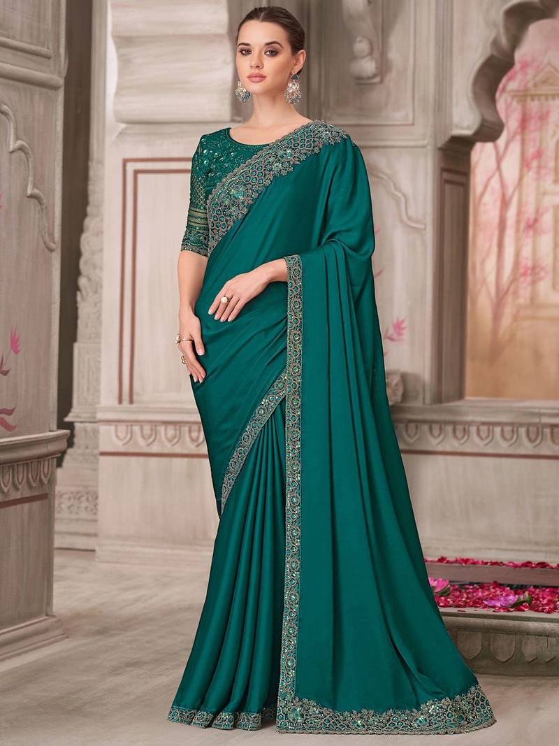 green sequinned solid satin saree