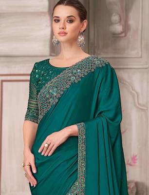 green sequinned solid satin saree 2