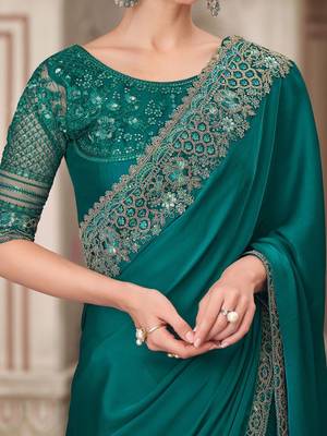green sequinned solid satin saree 3