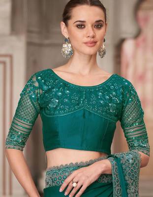 green sequinned solid satin saree 5