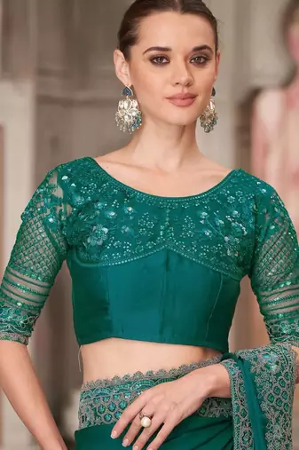 green sequinned solid satin saree