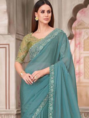 turquoise sequinned pure georgette saree 2