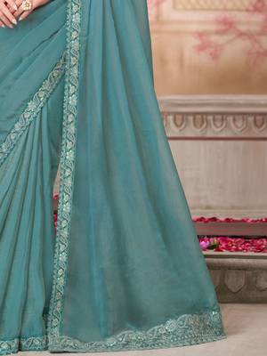 turquoise sequinned pure georgette saree 4