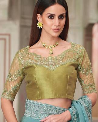turquoise sequinned pure georgette saree 5