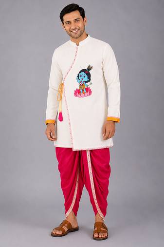 White krishna embroidered cotton silk angrakha kurta set