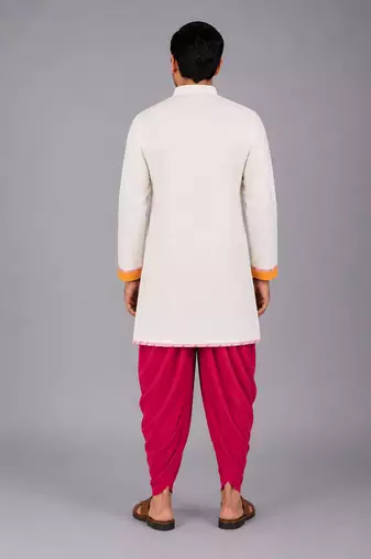 White krishna embroidered cotton silk angrakha kurta set