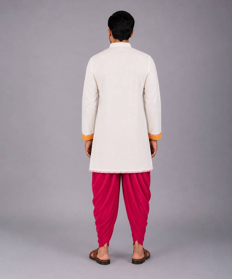 White krishna embroidered cotton silk angrakha kurta set
